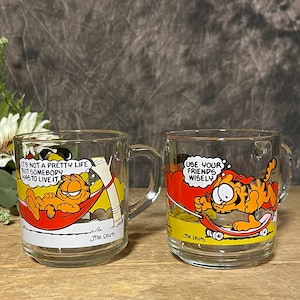 Vintage Garfield McDonalds Glass Mug, Cups, Anchor Hocking USA Cups, Set of 2 Collectible Garfield Mugs