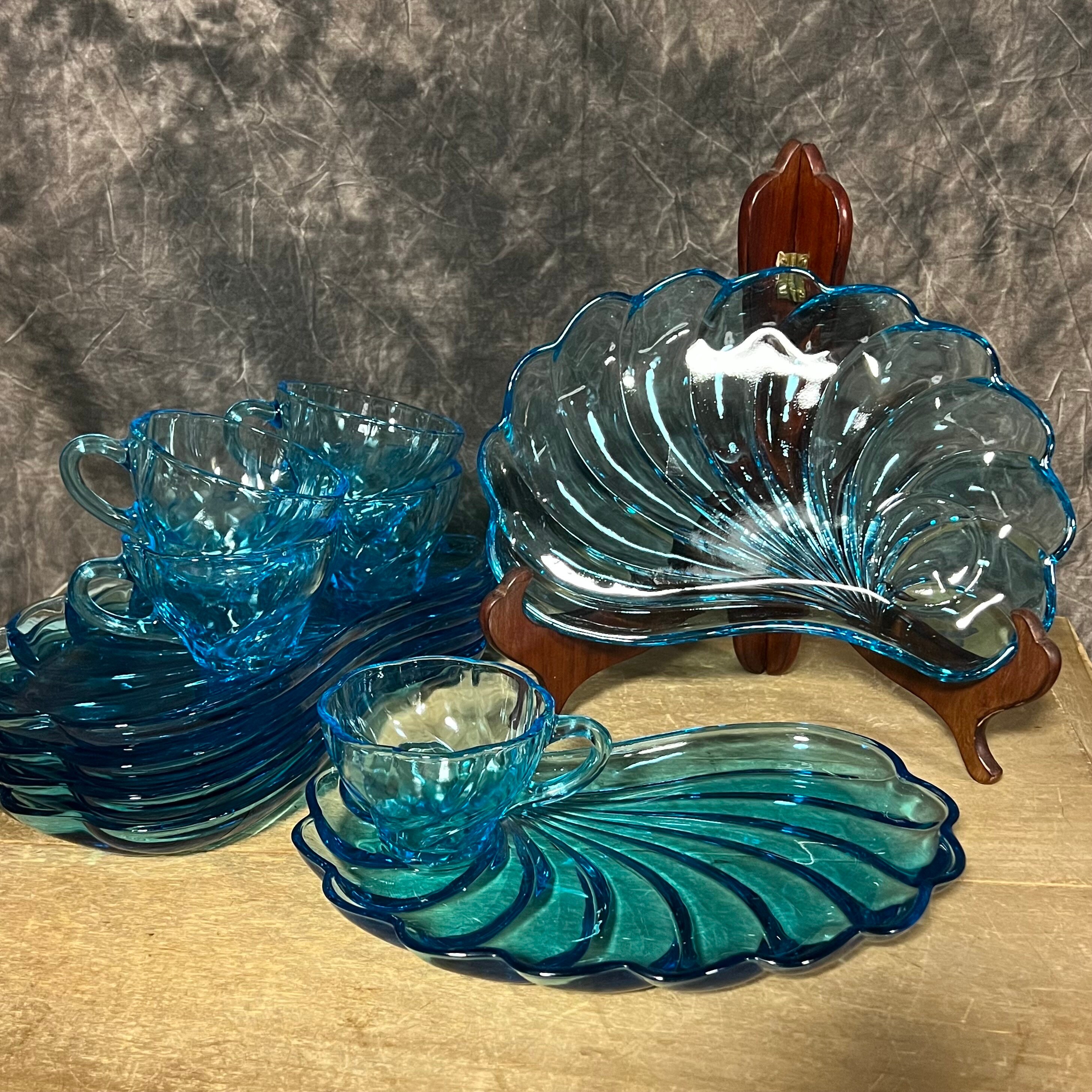 Vintage 1960s Blue Glass Hazel Atlas Capri Snack Sets Vintage 1960s Blue Glass Hazel Atlas Capri Snack Sets