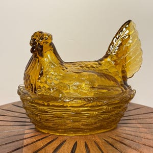 Vintage MCM Large Glass LE Smith Amber Hen on Nest, Amber Glass Nesting Hen