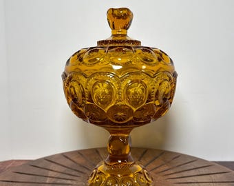 Vintage LE Smith Amber Glass Moon and Stars Scalloped Pedestal Covered Candy Dish, Amber Moon and Stars, Large Pedestal Candy Dish with Lid
