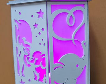 Wooden Elephant Lantern with Moon and Star Accents