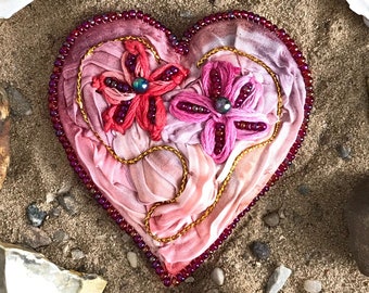 Heart Shaped Textile Brooch - Shibori Silk - Unique Brooch - One of a kind