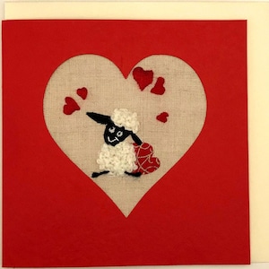 Lustige-Valentine-Karte / Hand bestickte Karte / niedlich bestickt Schafe / ich liebe Ewe! / Wählen Sie Ihre eigene Nachricht