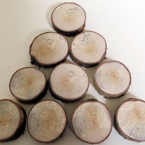 May include: Nine round wood slices arranged in a triangular shape. The wood slices are light brown with darker brown rings.
