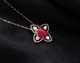 18K White Gold Ruby Pendant, Diamond Halo, Four Point Star