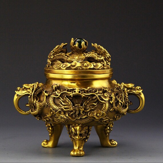 Collectible Chinese Brass Nine Dragons Kowloon incense burner