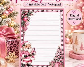 Puede incluir: Un bloc de notas rectangular con borde de estampado de leopardo rosa, con una ilustración de Santa Claus, un árbol de Navidad decorado y adornos. El texto dice Pink Leopard Santa Printable 5x7 Notepad y Digital Download.