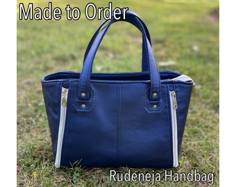 Custom Rudeneja Handbag, Full Size Shoulder Bag, Front Exterior Zipper Pocket, Crossbody Strap Option, Genuine Leather Option, Panel Option