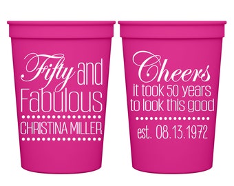 50th Birthday Favors Custom Party Cups for Birthday Gift Bags Cheers 50th Birthday Party Decor 50 And Fabulous Plastic Cups Party Favors