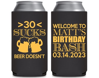 Birthday Party Favors Slim Can Coolers for 30th Birthday Gift Bags or Any Age Sucks Custom Birthday Favors Beer Holders Birthday Decorations