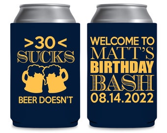 Birthday Party Favors Custom Can Coolers for 30th Birthday Gift Bags or Any Age Sucks Birthday Favors Beer Can Holders Birthday Decorations