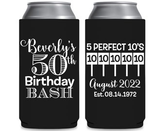 50th Birthday Favors Slim Can Coolers for Birthday Party Gift Bags for Guests 50th Birthday Party Decorations Perfect 10 Custom Beer Holders