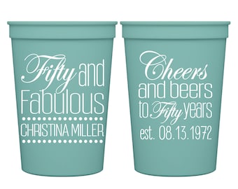 50th Birthday Favors Party Cups for Birthday Gift Bags Cheers & Beers 50th Birthday Party Decor 50 And Fabulous Plastic Cups Party Favors