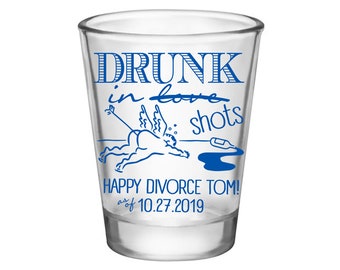 Clear/Frosted Divorce Party Favors Custom Funny Party Gifts Personalized Funny Shot Glasses | Drunk In Shots Love Cupid | 50 Print Colors