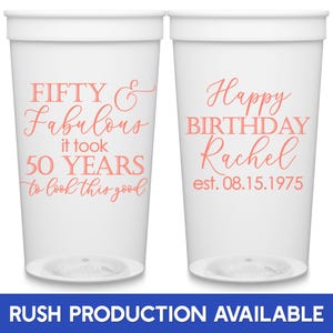 50th Birthday Favors Personalized Cups for Birthday Party Gift Bags Plastic Cups 50th Birthday Party Decorations 50 and Fabulous Party Cups