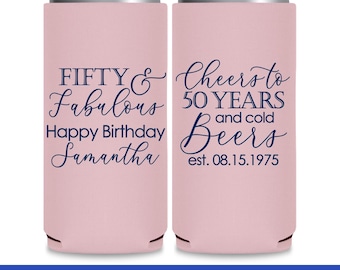 50th Birthday Favors Slim Can Coolers for Birthday Gift Bags 50th Birthday Party Decorations 50 and Fabulous Beer Holder Custom Party Favors