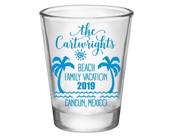 Clear/Frosted Beach Vacation Family Reunion Party Favors Party Gifts Personalized Shot Glasses | Beach Family Vacation | 50 Print Colors