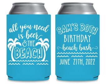Beach Birthday Party Favors Custom Can Coolers 30th Birthday Gift Bags for Guest or Any Age Can Holder Beer & Beach Birthday Decorations