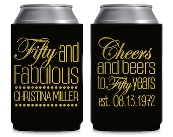 50th Birthday Favors Custom Can Coolers for Birthday Gift Bags 50th Birthday Party Decorations 50 and Fabulous Cheers & Beers Can Holders