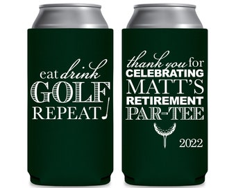 Slim Can Coolers Custom Golfing Retirement Party Favors Personalized Foam Collapsible Beverage Insulators | Eat Drink Golf Repeat