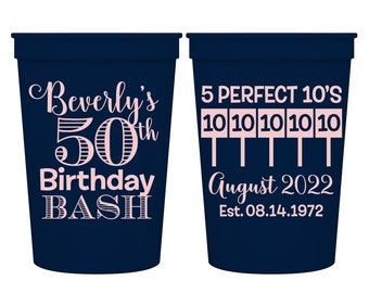 50th Birthday Favors Personalized Cups for Birthday Party Gift Bags for Guests 50th Birthday Party Decorations Perfect 10s Custom Party Cups