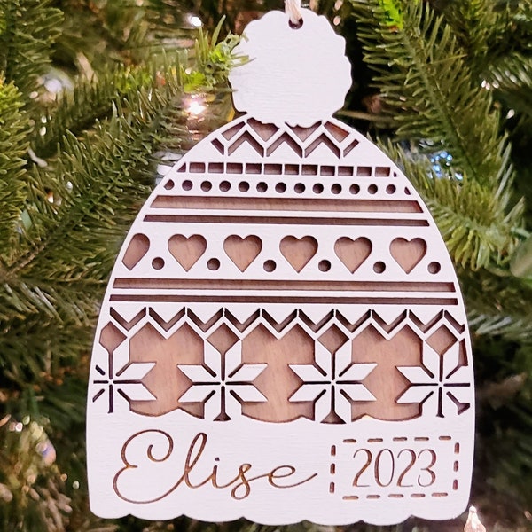 Personalized Stocking Cap Christmas Ornament, Christmas 2023 Ornament, Boy Gift, Girl Gift, Tree Hanger, Stocking Tag, Wooden Handmade
