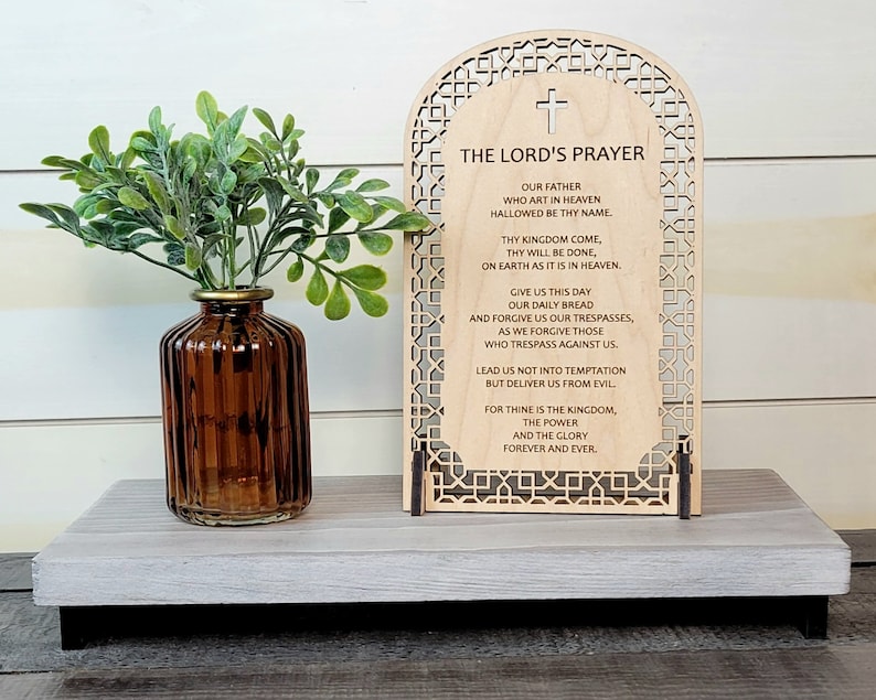 Lord's Prayer Wooden Sign: Engraved Scripture Card with Stand