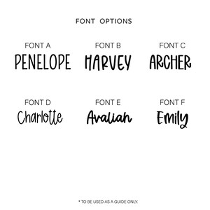 May include: Six different font styles are displayed with the names Penelope, Harvey, Archer, Charlotte, Avaliah, and Emily. The text is black on a white background. *To be used as a guide only.*