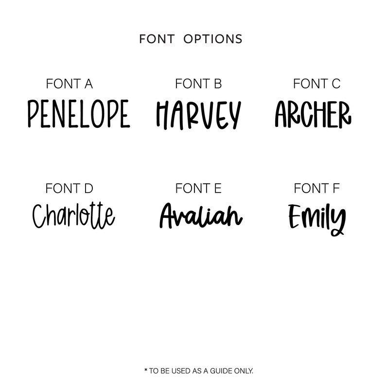 Puede incluir: Se muestran seis estilos de fuente diferentes con los nombres Penelope, Harvey, Archer, Charlotte, Avaliah y Emily. El texto es negro sobre un fondo blanco. *Para usar solo como gu&iacute;a.*