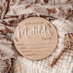 Wooden Birth Details Sign BOTANICAL Newborn Birth Announcement Baby Name Sign Baby Nursery Gift Decoration Baby Name Plaque Baby Shower Gift