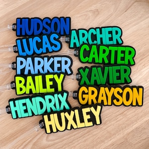 May include: A selection of luggage tags, each displaying a different name in a vibrant, bubble-style font. Names include Hudson, Lucas, and Archer, in shades of blue, green, and yellow. Each tag has a black border and a clear plastic loop for attachment.