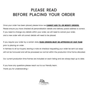 Puede incluir: Un documento de texto en blanco y negro con el t&iacute;tulo "PLEASE READ BEFORE PLACING YOUR ORDER". El documento contiene instrucciones para realizar pedidos, incluida informaci&oacute;n sobre pedidos urgentes y modificaciones de pedidos.