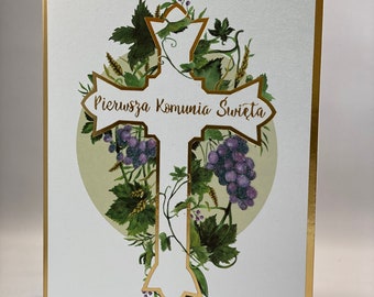 Polish Greeting Card / Holy Communion / Gold Cross / Pierwsza Komunia
