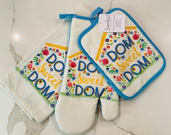 Folk Art Polish Kitchen Set, Oven Mitt, Pot Holder, Towel