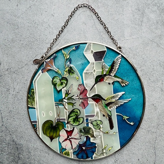 Amia ブルー フローラル ハミングバード ラウンド ステンド グラス