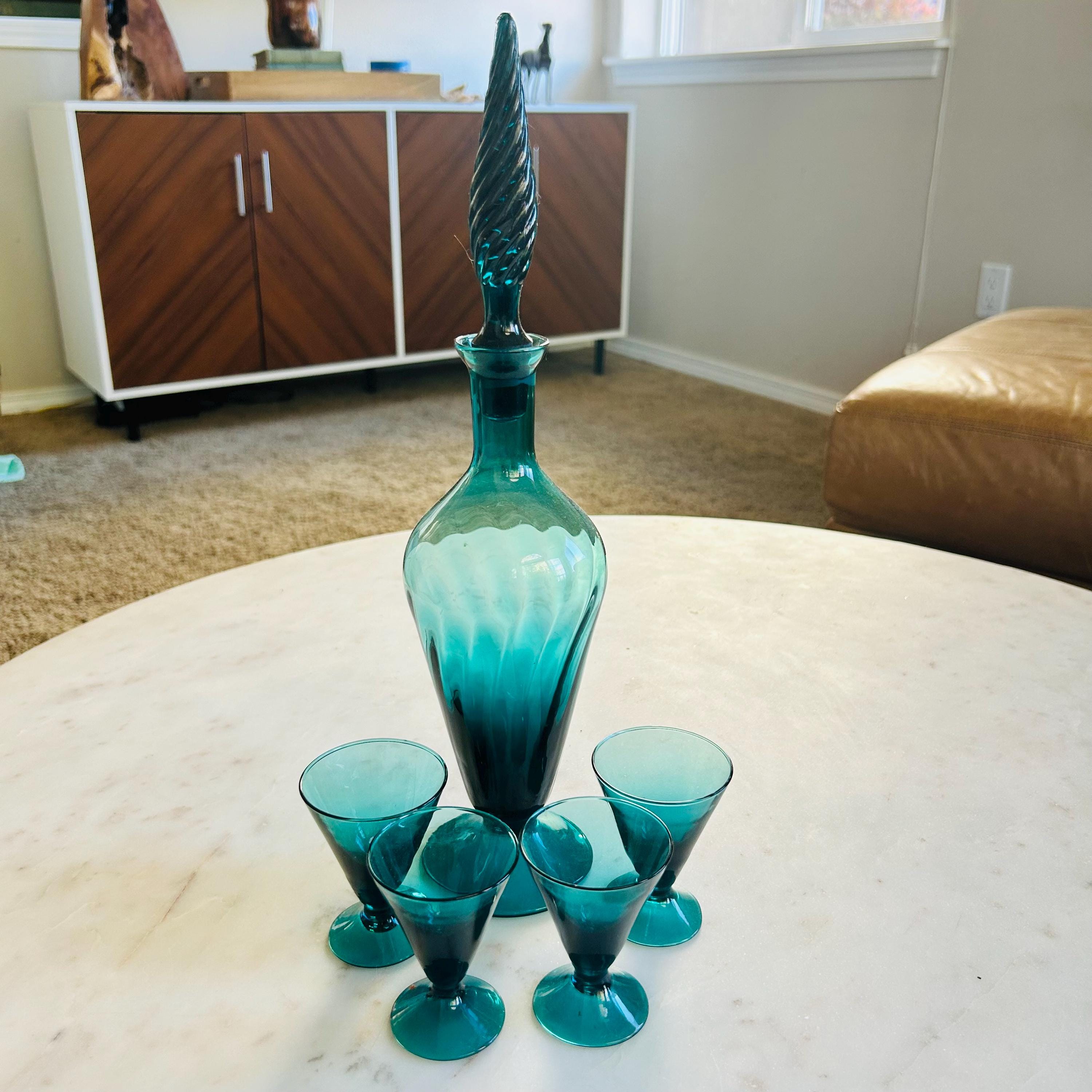 Empoli Italian Turquoise Art Glass Cocktail Decanter and Cordial