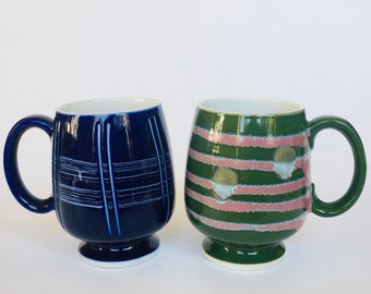 Retro MCM Vintage Cobalt Blue and Green Pedestal Coffee Mugs