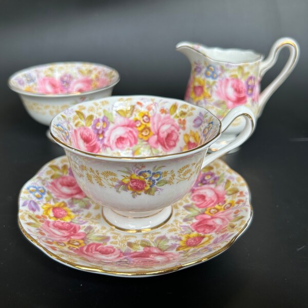 Royal Albert Bone China Serena Rose Teacup Saucer Sugar Creamer Set of 4