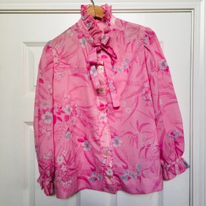 Handmade Ruffled Neck Pink Floral Womens Button Up Blouse Size Small