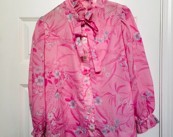 Handmade Ruffled Neck Pink Floral Womens Button Up Blouse Size Small