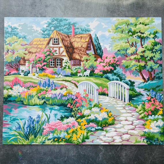 Paintworks Cottage Garden Paint by Number Painting 16x20 Completed