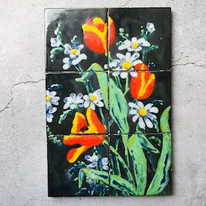 Painted Floral Six Tile Tulip and Daisy Cork Backed Trivet 13&quot;