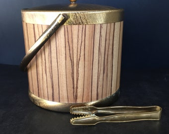 Vintage Serv Masters Mid Century Modern Gold Tone Ice Bucket w Tongs Germany