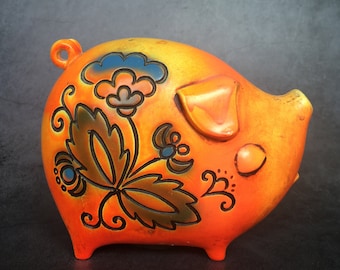 Retro Bright Orange Floral Pig Piggy Bank 4.5&quot;