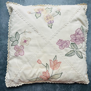 Pastel Floral Handmade Embroidered Vintage Throw Pillow 10&quot;