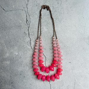 Bubble Gum Pink Double Strand Vintage Faceted Acrylic Beaded Necklace 12&quot;