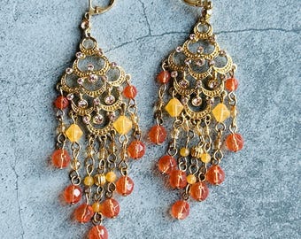 Dangle Chandelier Orange Bead and Rhinestone Drop Earrings