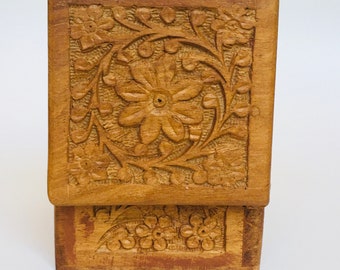 Carved Wood Floral Jewelry Trinket Box with Hinged Lid