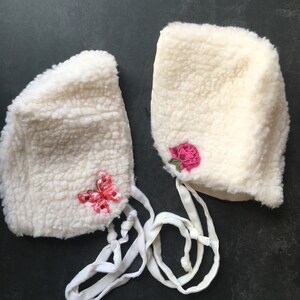 Cream Sherpa Embroidered Handmade Vintage Baby Bonnet Lot of 2
