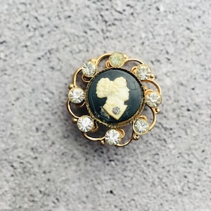 Resin with Rhinestones Black and White Vintage Cameo Brooch .75&quot;